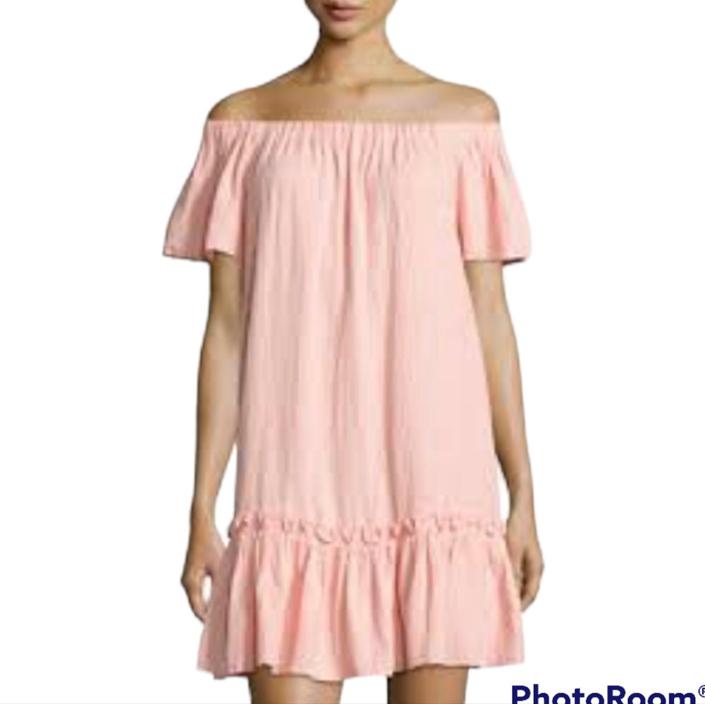 NWT Rebecca Taylor Malibu Peach Off-Shoulder Gauze Ruffle Mini Dress Women's 0